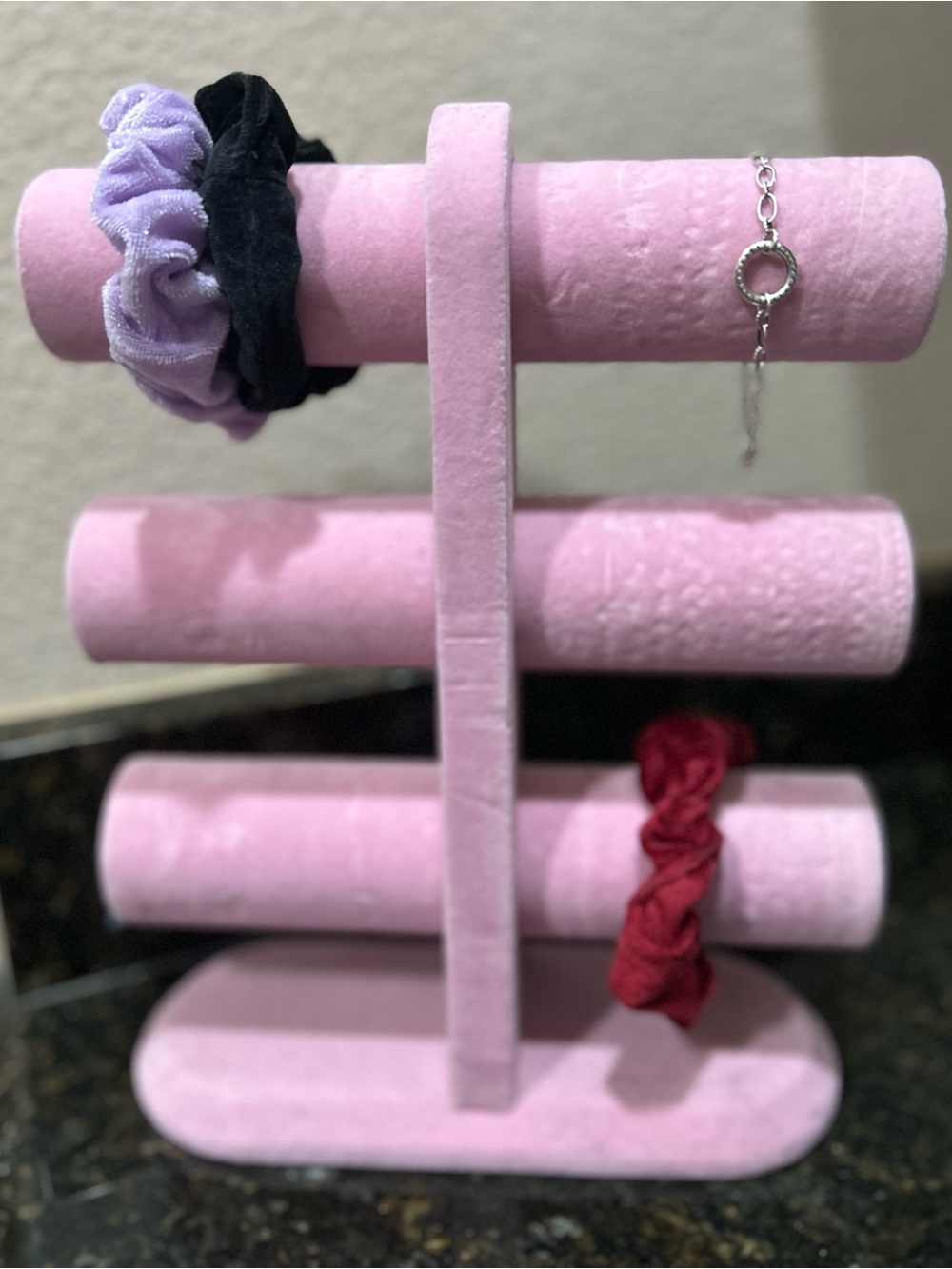 Pink Velvet Scrunchie/Bracelet Holder with 3 Tiers
